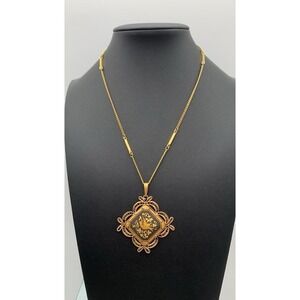 Vintage Damascene Flower Bird Filigree Pendant On A Monet Gold Tone Necklace 15"
